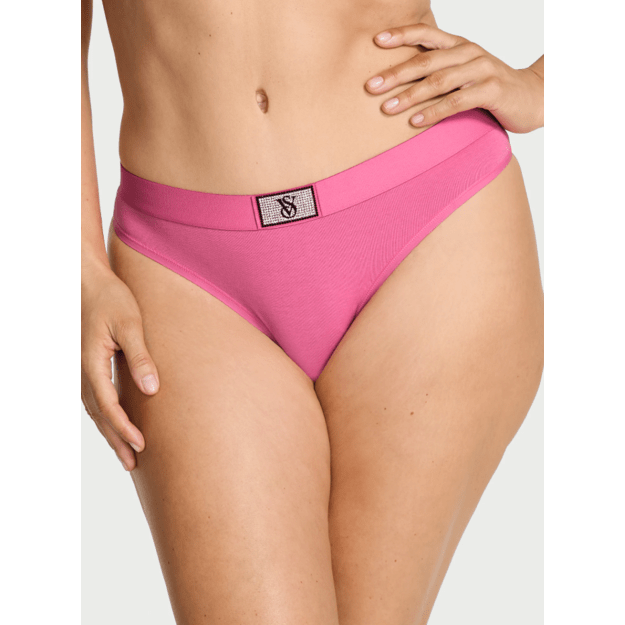 Victoria's Secret "Logo Shine Rose Pink Thong" kelnaitės