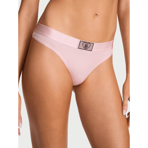 Victoria's Secret "Logo Shine Bermuda Pink Thong" kelnaitės