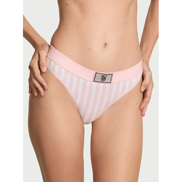 Victoria's Secret "Logo Shine Pink Stripes Thong" kelnaitės