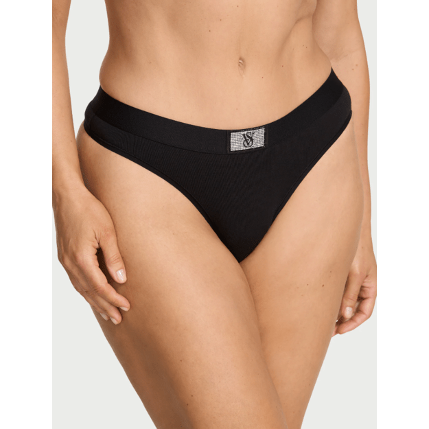 Victoria's Secret "Logo Shine Black Thong" kelnaitės