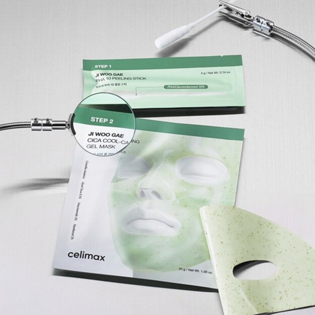 CELIMAX "Ji Woo Gae Cica PHA Peeling 2-step" dviejų žingsnių veido kaukė 6